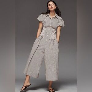 Anthropologie Maeve Puff-Sleeve Basque-Waist Wide-Leg Jumpsuit